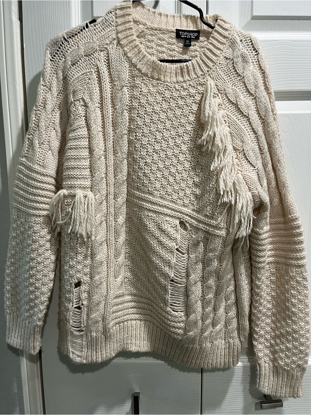 Topshop Cream Cable Knit Fringe Sweater